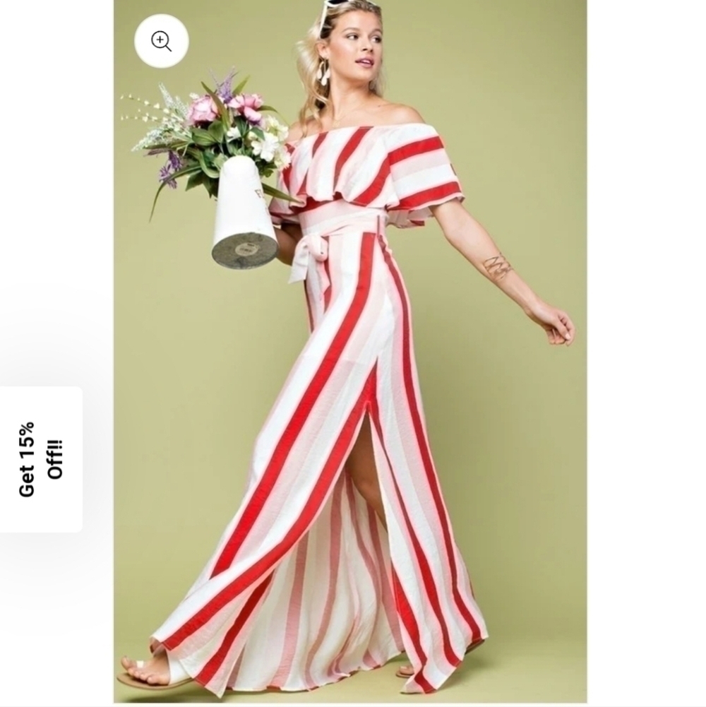 Main Strip Janina Red Striped Maxi Dress, Sz Small